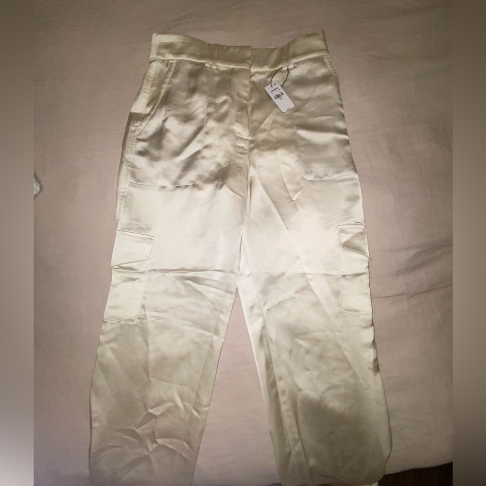 Cream satin straight leg trousers from express